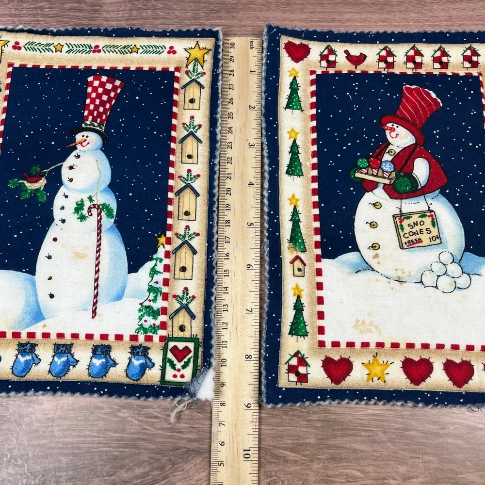 Handmade Trivet Potholder Set of 2Navy Snowman Folk Art Quilted Winter Holiday